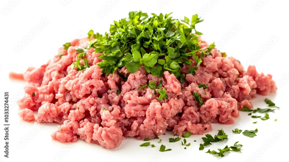 raw minced beef with herb isolated on white background. raw minced beef with herb isolated on white background.