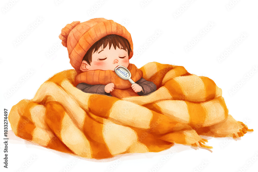 Sick child with high fever small boy with a thermometer in his mouth sitting in a pile of warm blankets. Illustration on clean white background