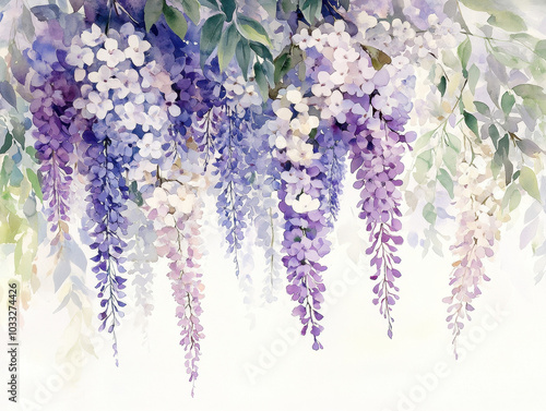 A gentle watercolor of lilacs and wisteria hanging from a vine The cascading flowers blend together in soft purples, blues, and whites