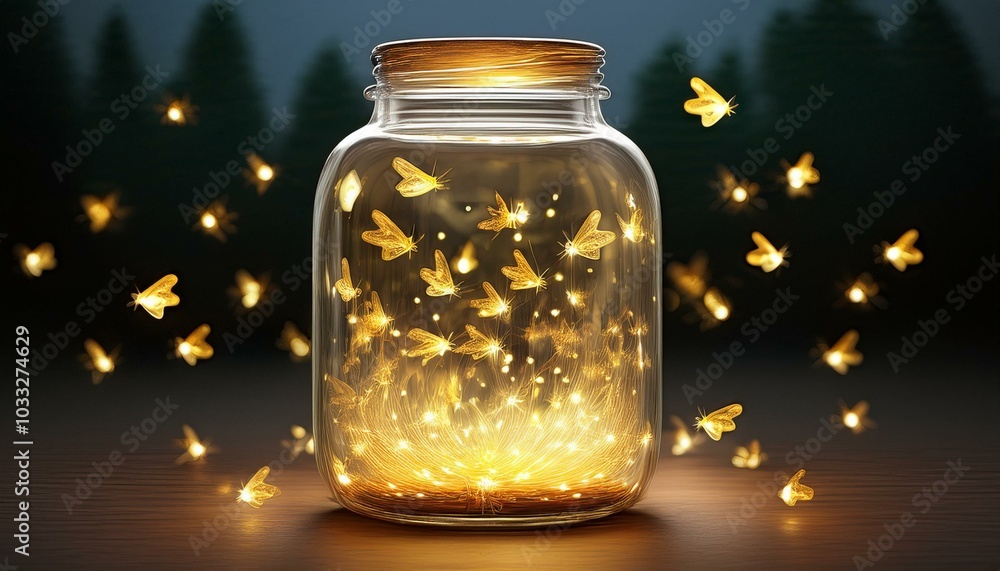 A glass jar filled with glowing fireflies, emanating a soft golden light that creates a magical and enchanting atmosphere A glass jar filled with glowing fireflies, emanating a soft golden light that creates a magical and enchanting atmosphere