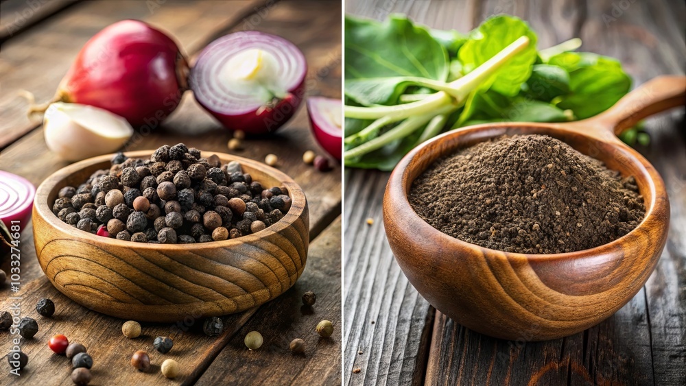 Aromatic Black Peppercorns and Ground Pepper Powder in Rustic Wooden Bowls on a Wooden Background Aromatic Black Peppercorns and Ground Pepper Powder in Rustic Wooden Bowls on a Wooden Background