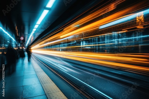 A blurry image of a train station with people walking on the platform