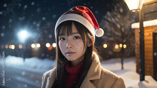 雪景色のなかサンタ帽をかぶってカメラを見るアジア人女性