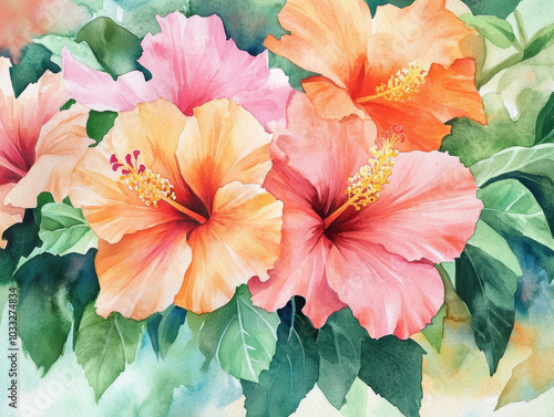 Wallpaper Mural A vibrant watercolor of hibiscus and bougainvillea in shades of coral, orange, and hot pink The tropical feel Torontodigital.ca