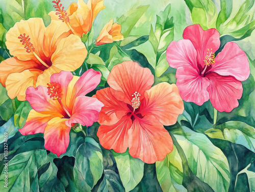 Wallpaper Mural A vibrant watercolor of hibiscus and bougainvillea in shades of coral, orange, and hot pink The tropical feel is enhanced by lush green leaves Torontodigital.ca
