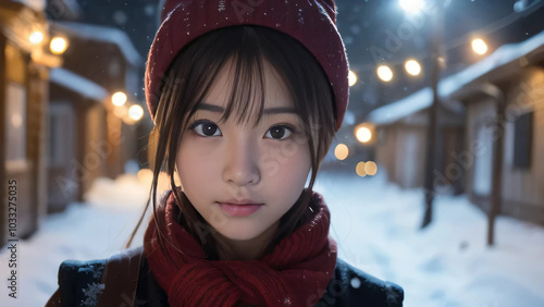 雪景色のなかニット帽をかぶってカメラを見るアジア人女性