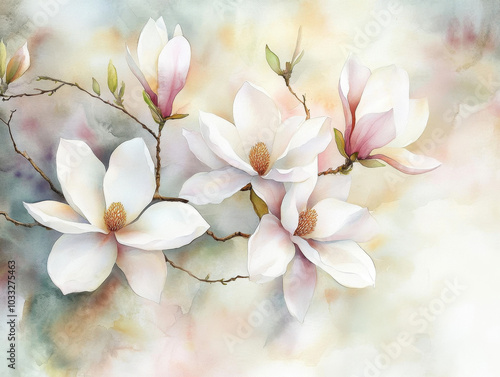 A watercolor painting of delicate magnolias in shades of creamy white and soft pink The petals are slightly translucent,