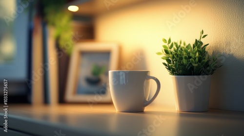 Cozy Home Decor: White Mug and Green Plant on Wooden Table
