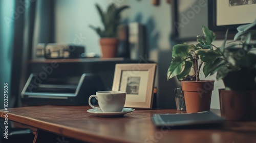Cozy Home Office Desk with Coffee Cup and Plants