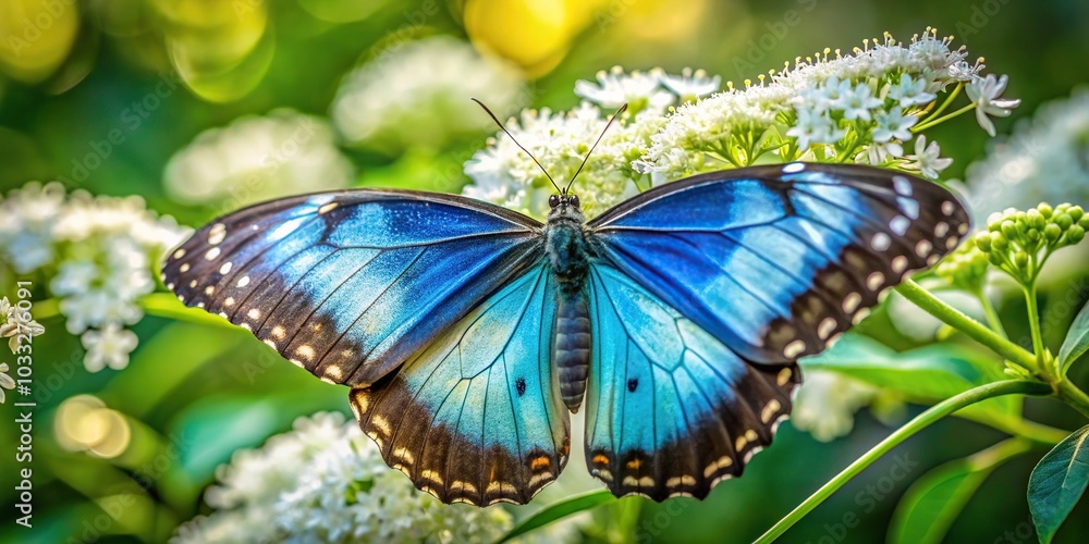 Fototapeta premium Blue mormon butterfly feeding on white flowers in the wild Low Angle