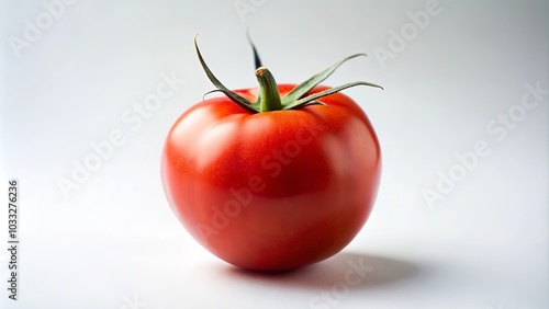 Wallpaper Mural A solitary, vibrant red tomato with a verdant stem rests upon a stark white backdrop, its plump form and smooth texture inviting closer inspection. Torontodigital.ca