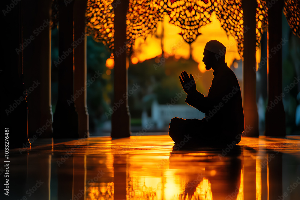 Silhouette of muslim man praying Silhouette of muslim man praying