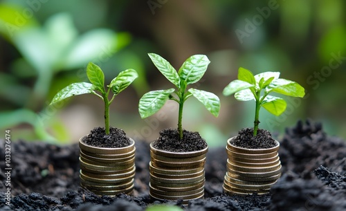 Plants growing on stacks of coins, representing financial growth and work culture for youth in their teens. The concept conveys the idea that young people can take part in an active stock market photo