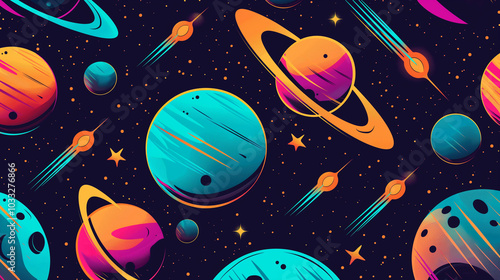 Seamless space pattern with vibrant, colorful planets, rings, and stars set against a dark cosmic background. Perfect for sci-fi illustrations, children's designs, or futuristic-themed projects. 