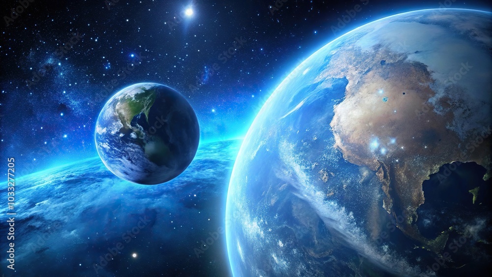 Fototapeta premium Blue planet Earth, moon and stars reflecting in space on sky