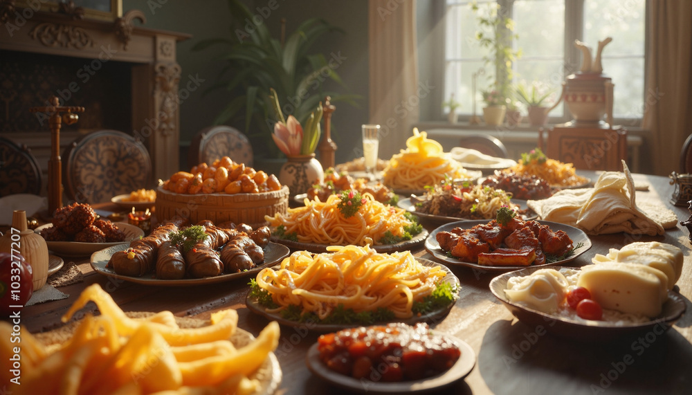 Fototapeta premium Rustic table filled with traditional dishes in sunlight.