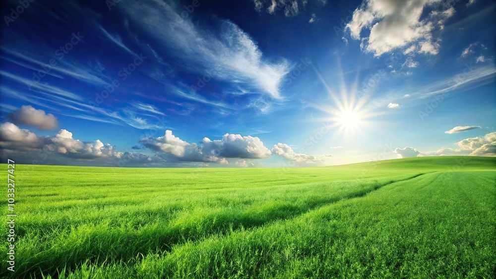 Peaceful green grass field under clear blue sky, perfect nature background with leading lines Peaceful green grass field under clear blue sky, perfect nature background with leading lines
