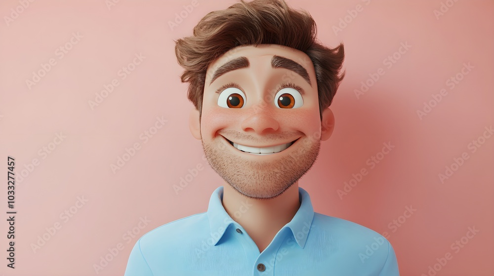 3D cartoon man in a blue shirt, smiling cheerfully, overhead close-up shot, light minimal background, smooth textures, bright and friendly expression, positive emotions 3D cartoon man in a blue shirt, smiling cheerfully, overhead close-up shot, light minimal background, smooth textures, bright and friendly expression, positive emotions