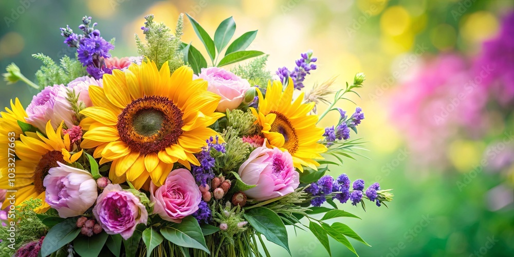 A vibrant bouquet of sunflowers, pink roses, and purple blossoms, captured against a softly blurred background of green and yellow hues. A vibrant bouquet of sunflowers, pink roses, and purple blossoms, captured against a softly blurred background of green and yellow hues.
