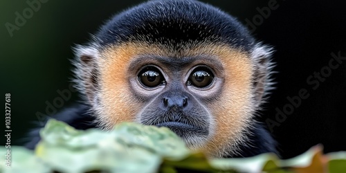 Curious Monkey Peeking From Behind Leaf   Wildlife Portrait  Close up photo