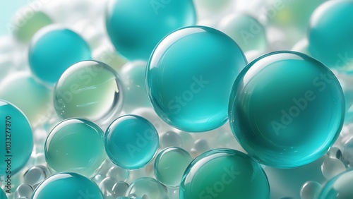 close up photograph featuring a collection of translucent glass marbles, predominantly teal and turquoise, with a glossy finish that reflects light, creating bright highlights and subtle shadows