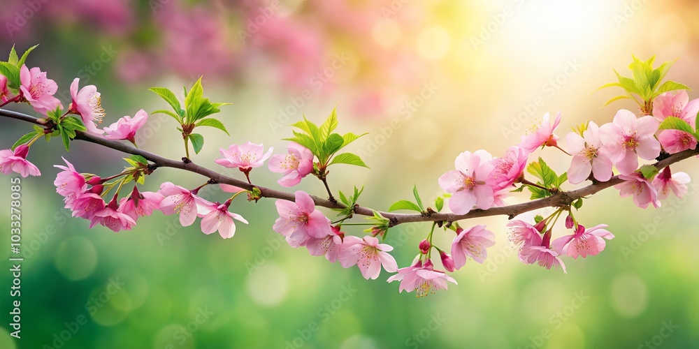 A delicate branch of blossoming flowers reaching towards the sun, with the soft glow of spring filtering through the petals. A delicate branch of blossoming flowers reaching towards the sun, with the soft glow of spring filtering through the petals.