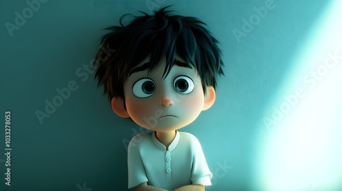 A 3D cartoon boy with sad, downcast eyes, sitting alone in a corner, wearing a white shirt, soft lighting, muted colors, Emotional, Mental Health Awareness