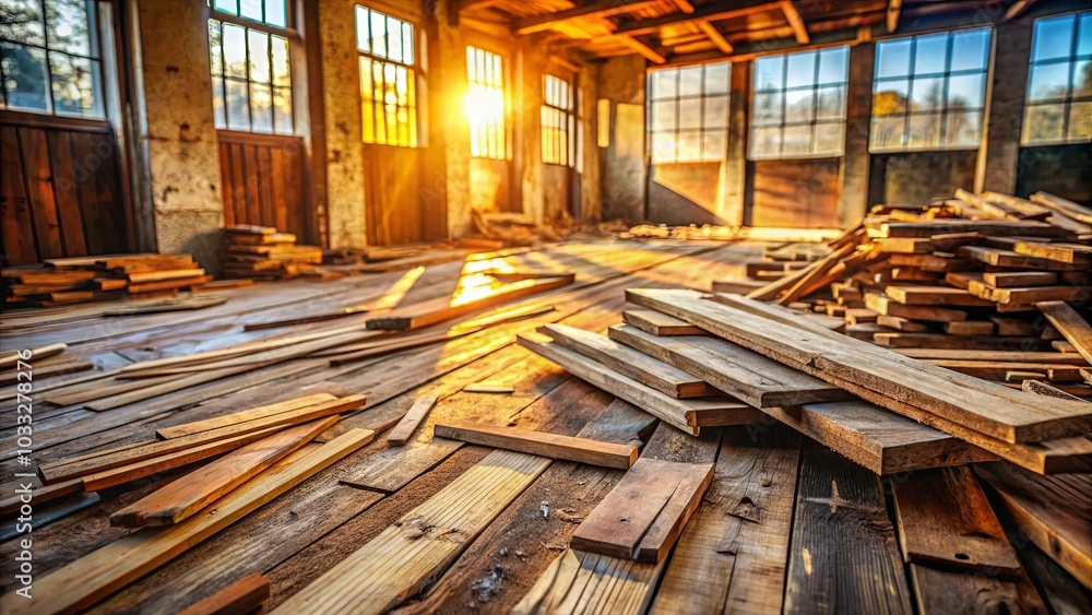 Sunlight streams through the windows of a forgotten warehouse, illuminating the weathered wooden floor and discarded planks, creating a scene of quiet decay and forgotten dreams. Sunlight streams through the windows of a forgotten warehouse, illuminating the weathered wooden floor and discarded planks, creating a scene of quiet decay and forgotten dreams.