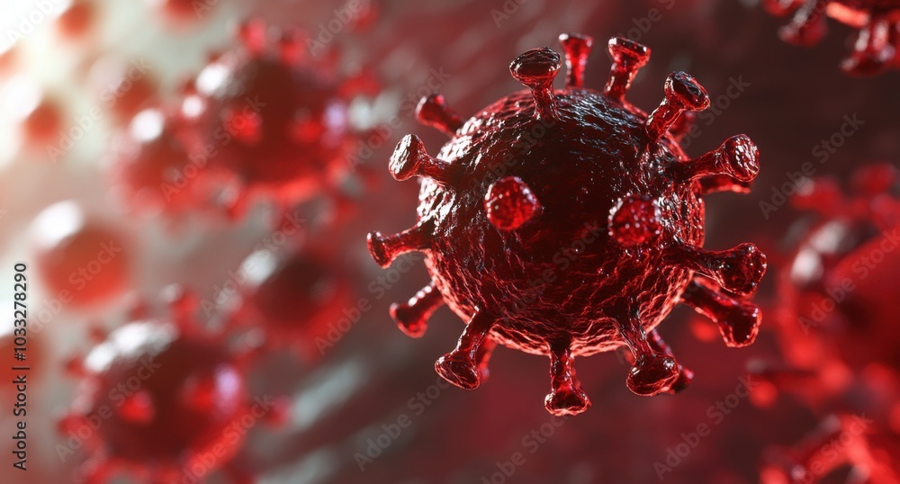 The virus is presented in red with complex details The virus is presented in red with complex details