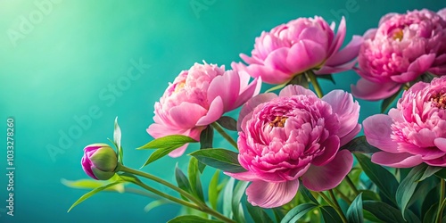 Fototapeta Naklejka Na Ścianę i Meble -  peonies flowers with green background foliage with blue background