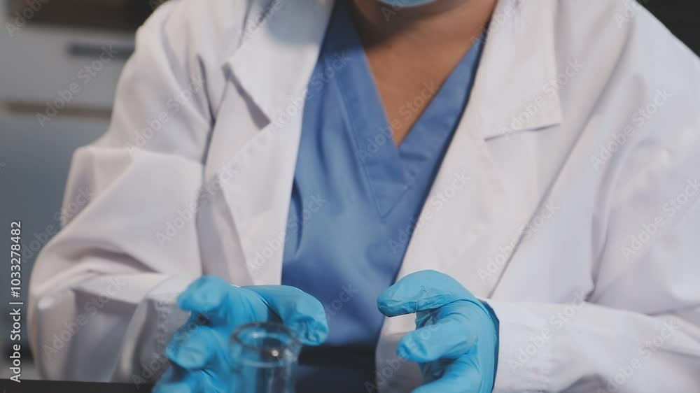 A female doctor putting on protective blue gloves A female doctor putting on protective blue gloves