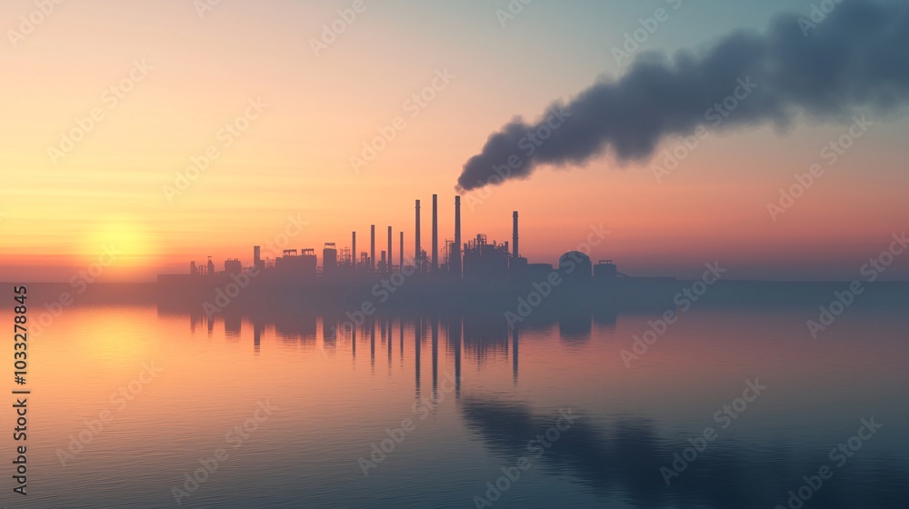 Industrial landscape at sunrise the impact of pollution and reflection on water bodies in modern society Industrial landscape at sunrise the impact of pollution and reflection on water bodies in modern society