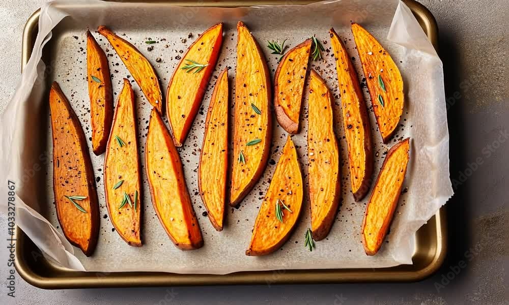 A tray of roasted sweet potato wedges garnished with herbs and spices. A tray of roasted sweet potato wedges garnished with herbs and spices.