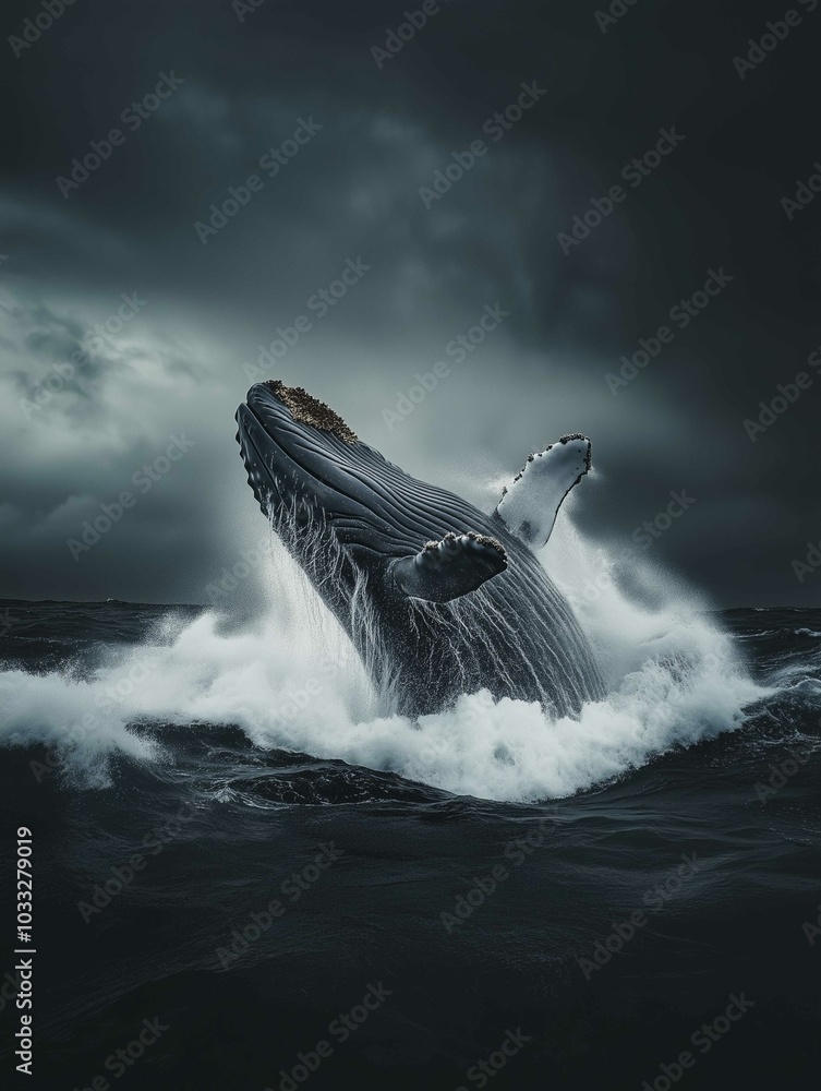 Fototapeta premium A giant whale breaching in the open ocean, water cascading down its body 