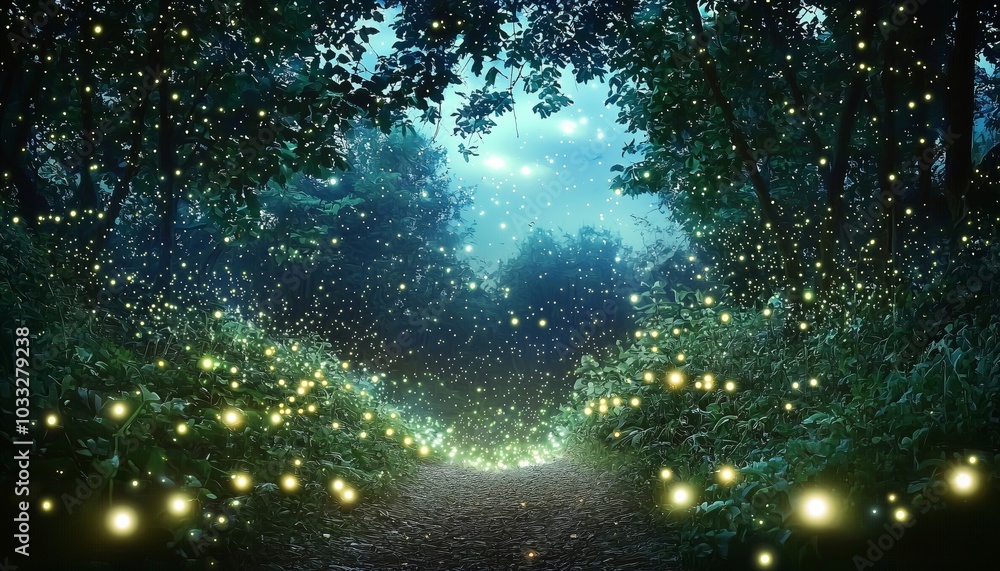 Obraz premium A Magical Nighttime Scene of Fireflies in a Forest Pathway