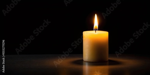 Partly visible lighted candle in front of black background symmetrical