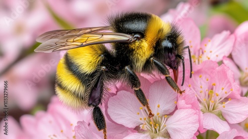 Close-up of a bumblebee collecting nectar from a pink flower.