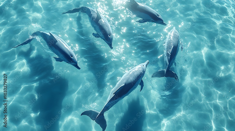 Fototapeta premium A group of vibrant dolphins swimming together, captured in a close-up overhead shot, their fluid movements creating playful ripples in the clear blue ocean, Realistic, Bright Tones