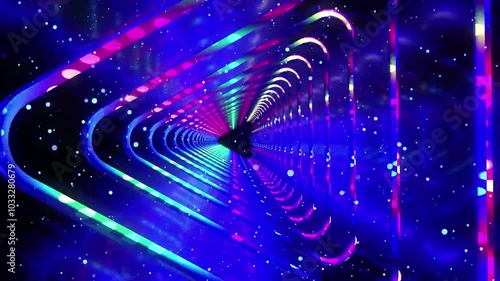Abstract colorful neon light tunnel with glowing lines and particles in dark background.