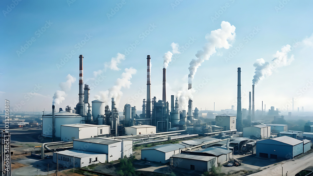 industrial plants and silos in a large industrial area with white polluting smoke rising from chimneys industrial plants and silos in a large industrial area with white polluting smoke rising from chimneys