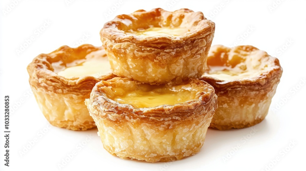 Delicious golden egg tarts stacked on a white background Delicious golden egg tarts stacked on a white background