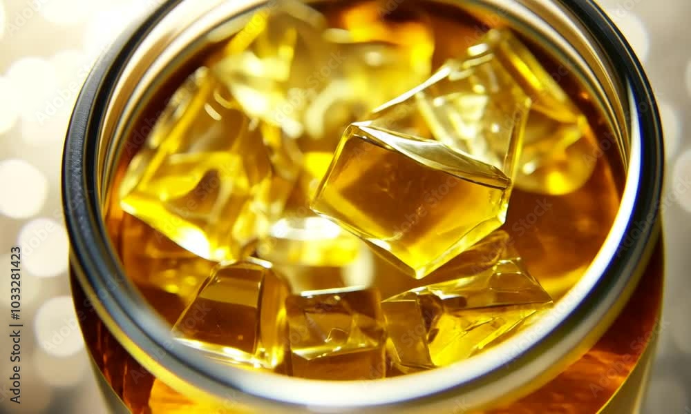 A close-up of a jar filled with golden, translucent ice cubes. A close-up of a jar filled with golden, translucent ice cubes.
