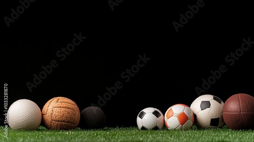 A collection of various sports balls arranged neatly on green grass against a dark background