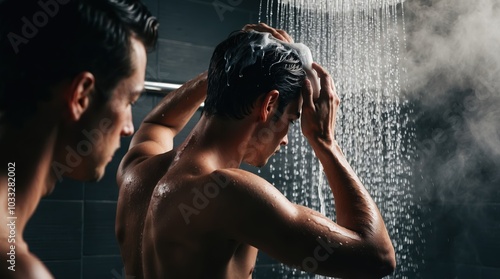 two Young men applying shampoo while showering under warm water.