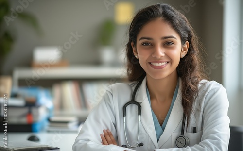 Smiling Indian female doctor sitting confidently in medical office with stethoscope.