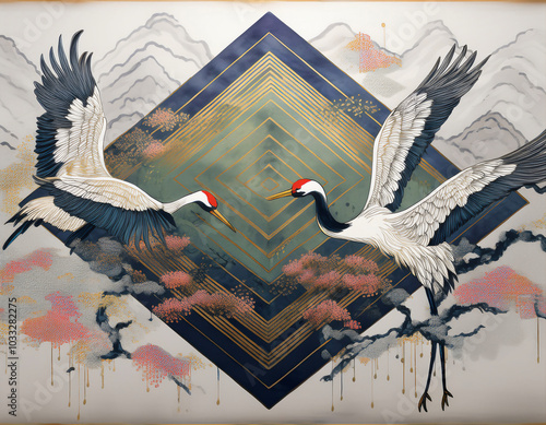 2羽の鶴が飛び立つ瞬間、羽根が広がり空と羽ばたきの動きが調和する描写が幾何学模様と融合する図形譜
