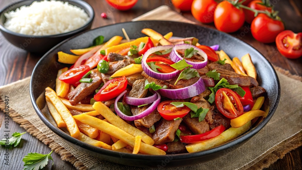 Peruvian stir fry dish with marinated beef, onions, tomatoes, and French fries served with rice Peruvian stir fry dish with marinated beef, onions, tomatoes, and French fries served with rice