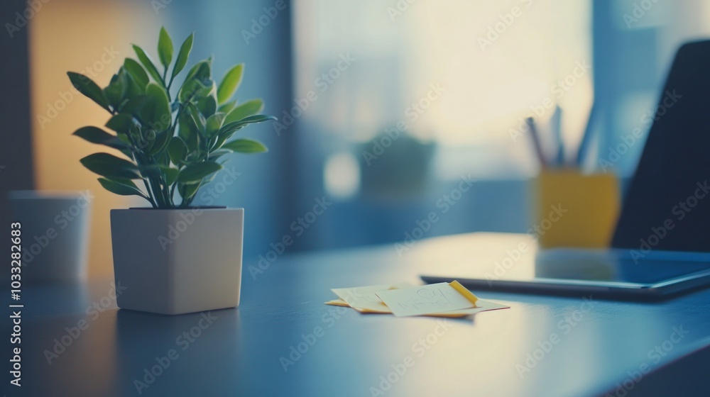 Minimalist Workspace with Plant and Tablet Minimalist Workspace with Plant and Tablet