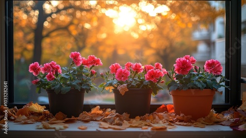 Vibrant flowers in pots on a sunlit windowsill with autumn leaves.