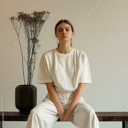 A woman wearing pure white oversized t-shirt, sitting on a bench, oversized objects, minimal background